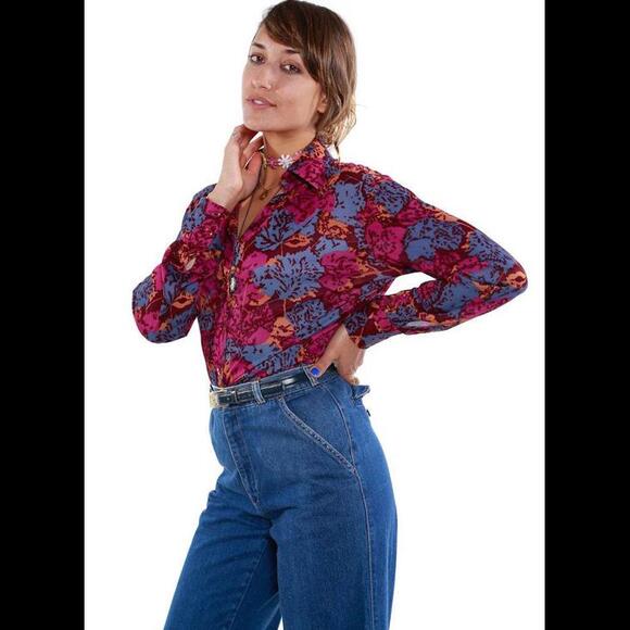 Vintage 70's Floral Mr. Dino Button Down Blouse 60s - Picture 3 of 5